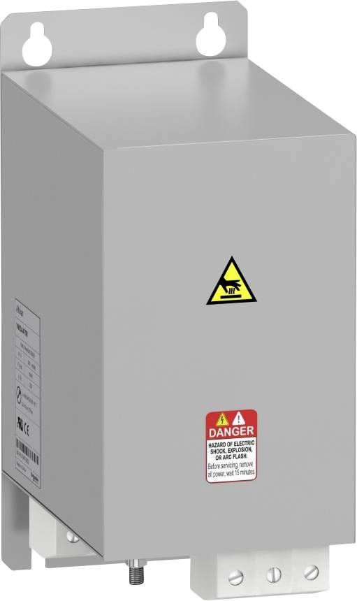 Graues elektrisches Gerät mit Warnsymbol für Stromschlag und Text 'DANGER - HAZARD OF ELECTRIC SHOCK'.