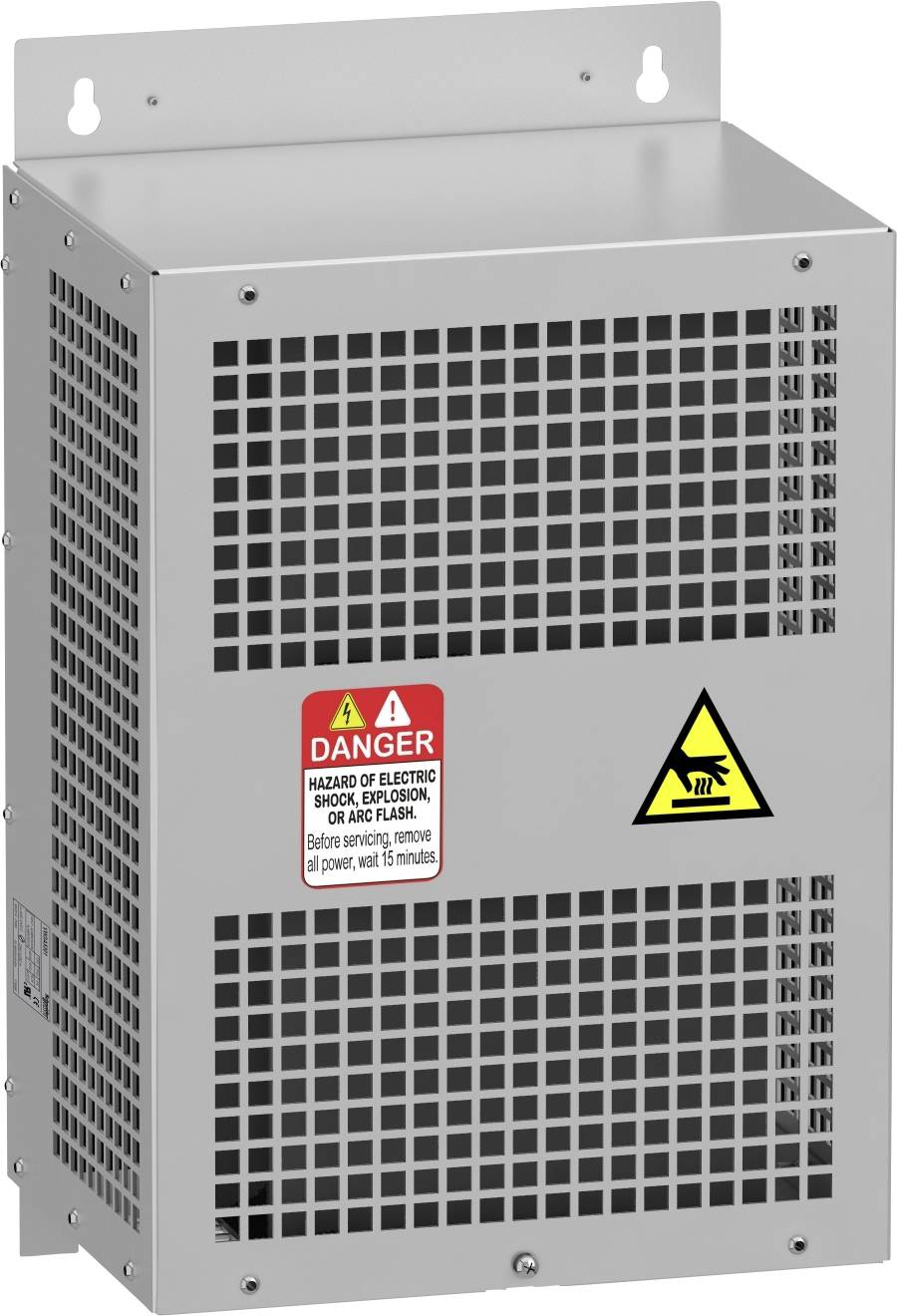 Metallkasten mit Lüftungsgittern und Warnschildern für elektrische Gefahren an der Vorderseite.
