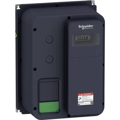 Schwarzer Schneider Electric Umrichter mit Display, zwei runden Knöpfen und Warnhinweis. Gerät zur Steuerung elektrischer Motoren.