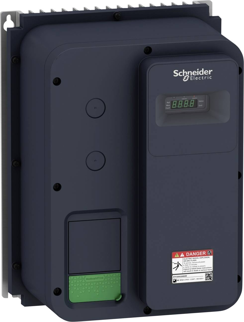 Ein schwarzer Elektromotorregler von Schneider Electric mit Display und Sicherheitshinweisen auf der Vorderseite.