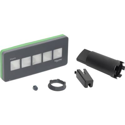 Ein Schalterpanel mit vier Knöpfen von Schneider Electric. Daneben liegen Zubehörteile wie ein Montageclip und Schrauben.