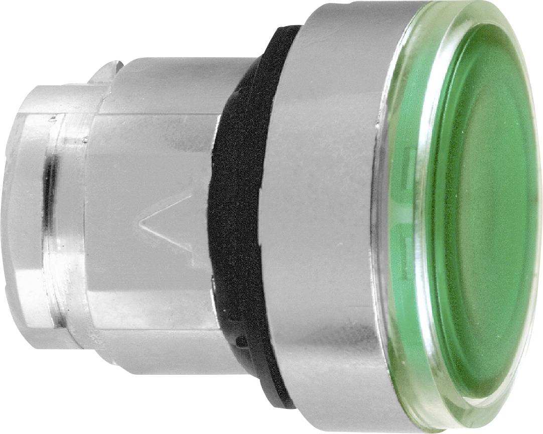 Grüner Knopf auf silbernem Sockel, wahrscheinlich Teil eines Geräts oder Schalters zur Aktivierung einer Funktion.