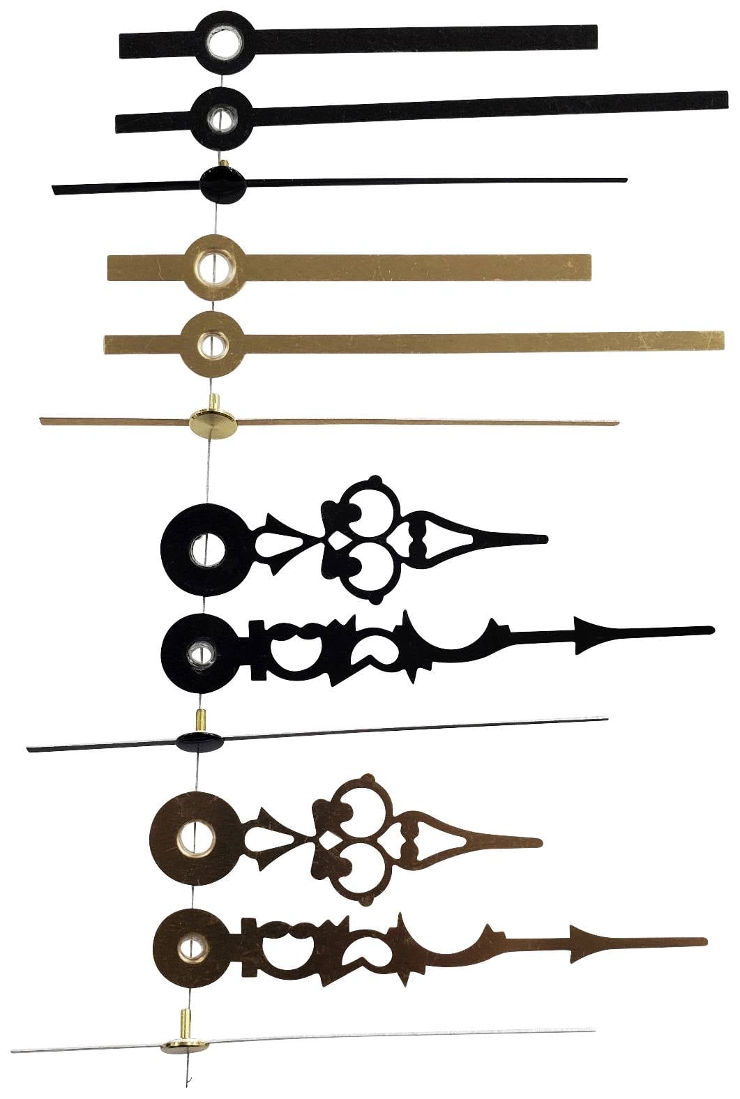 Verschiedene Uhrzeiger in verschiedenen Designs und zwei Farben in einer vertikalen Anordnung. Obere Hälfte schlicht, untere Hälfte verziert.