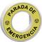Gelbes Schild mit schwarzem Text 'Parada de Emergencia', übersetzt 'Not-Halt', mit zwei Warnsymbolen links und rechts.