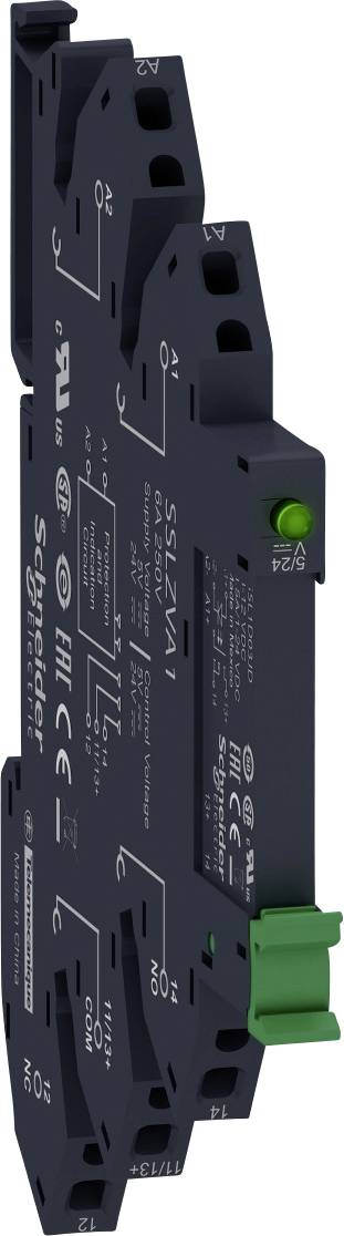 Ein schmales, schwarzes elektrisches Relaismodell von Schneider Electric, typischerweise für industrielle Steuerungssysteme verwendet.