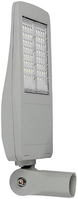 Eine moderne LED-Straßenleuchte mit rechteckigem, flachem Design in grauer Farbe. Sie verfügt über mehrere LED-Lichtquellen.