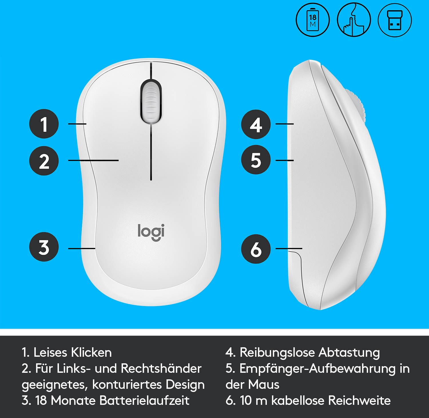 Logitech M220 Silent Maus Funk Optisch Weiß 3 Tasten 1000 dpi-6