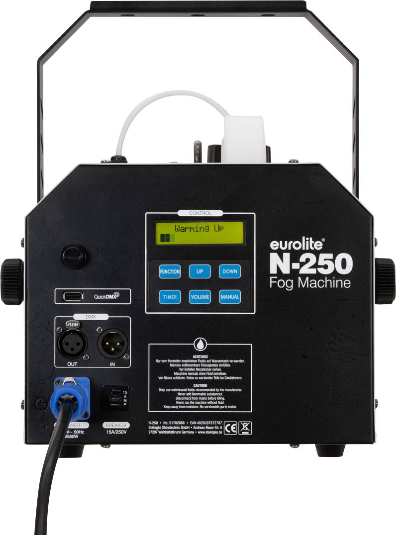 Rückseite einer Nebelmaschine mit Marke 'Eurolite N-250', Anschlüsse und Bedienelemente sichtbar. Ein Display zeigt 'Warming Up'.
