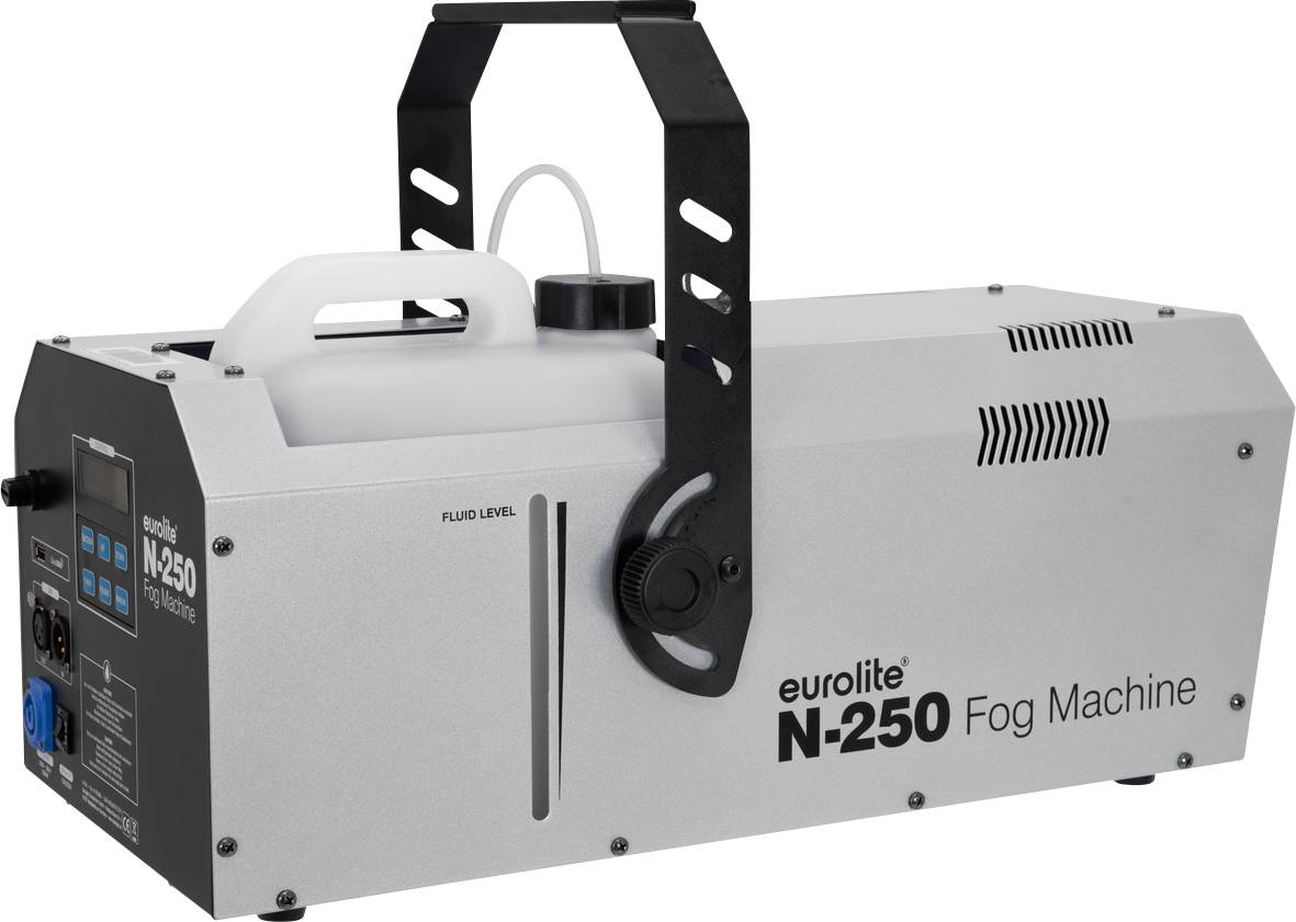Nebelmaschine der Marke 'Eurolite', Modell N-250, mit Tragegriff und sichtbarem Flüssigkeitsbehälter auf der Oberseite.