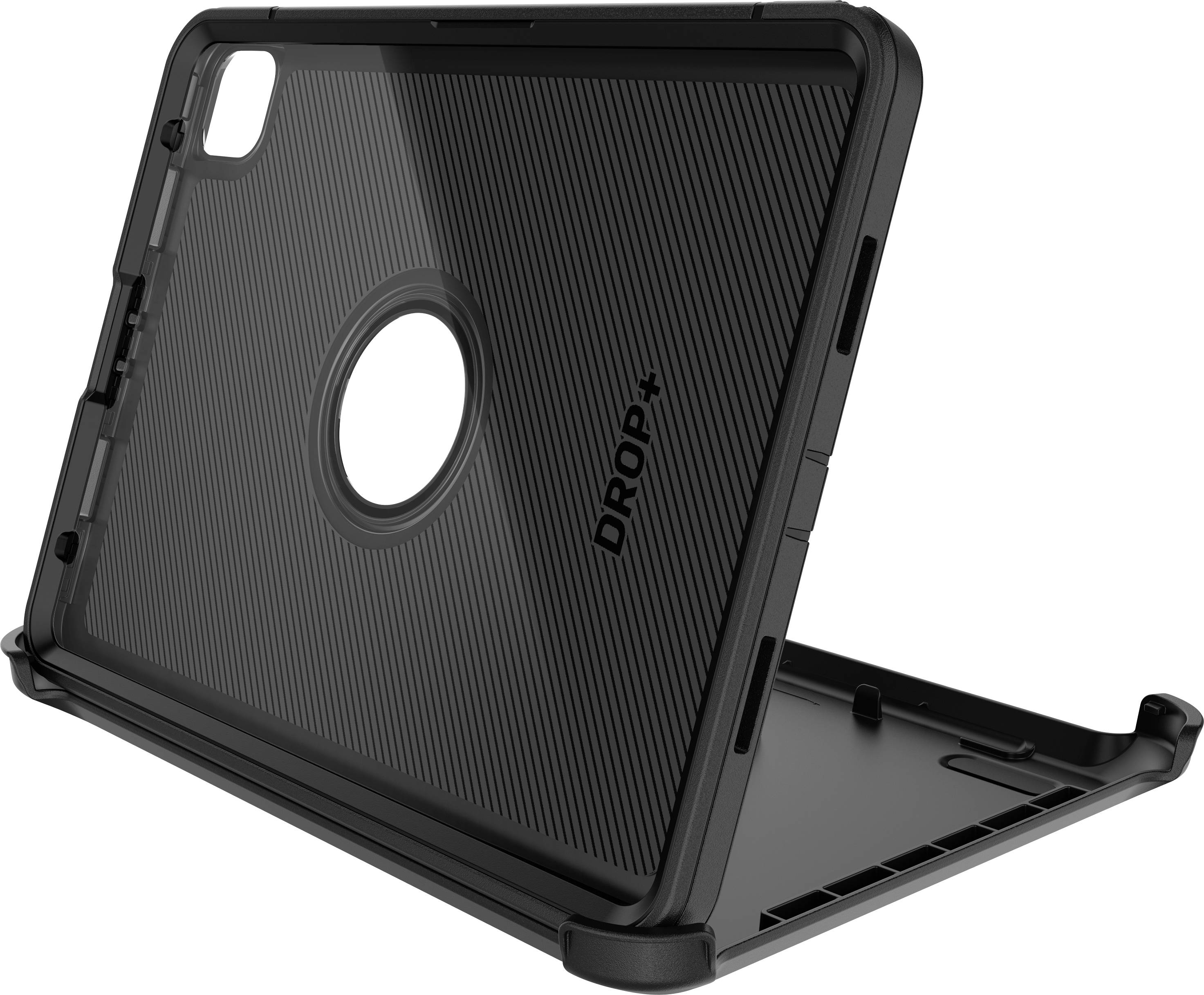 Eine schwarze Tablet-Hülle in aufrechter Position mit dem Schriftzug 'DROP+' an der Seite. Sie bietet Schutz und Stabilität.