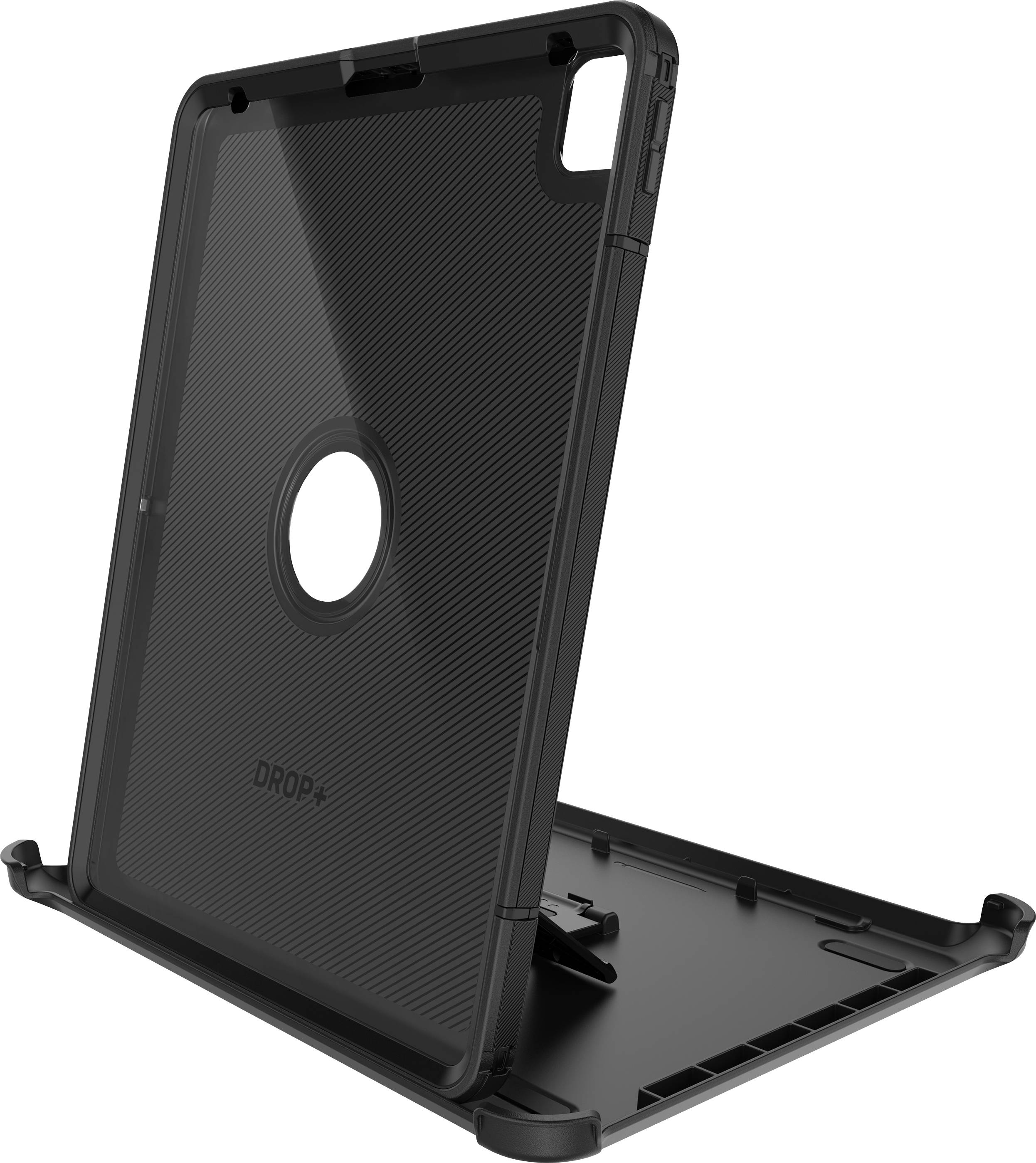 Schwarzes iPad-Case im robusten Design, stehend auf seinem integrierten Ständer. Geeignet für optimalen Schutz und Stabilität.