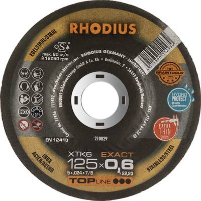 Schleifscheibe von Rhodius mit 125x0,6 mm Größe, geeignet für Edelstahl. Zertifizierungen und Logos sichtbar, u.a. 'Topline'.