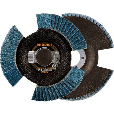 Schleifscheibe mit blauer, geriffelter Oberfläche, Markenname 'Rhodius' in der Mitte, geeignet für 115 mm Durchmesser Werkzeuge.
