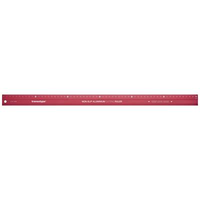Roter 12-Zoll-Lineal mit Zoll- und Zentimeter-Markierungen. Markenname ist aufgedruckt. Skala zeigt Zoll auf oberer Kante, Zentimeter auf unterer.