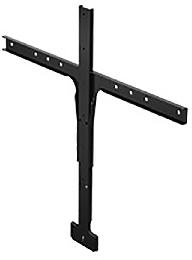 Halterung zur Befestigung an der Wand, T-förmig, schwarz, mit mehreren Bohrlöchern zur flexiblen Anbringung von Geräten.