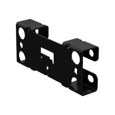 Ein rechteckiges, schwarzes Metallteil mit mehreren runden Öffnungen an den Seiten. Möglicherweise ein Montagehalterung oder Adapter.