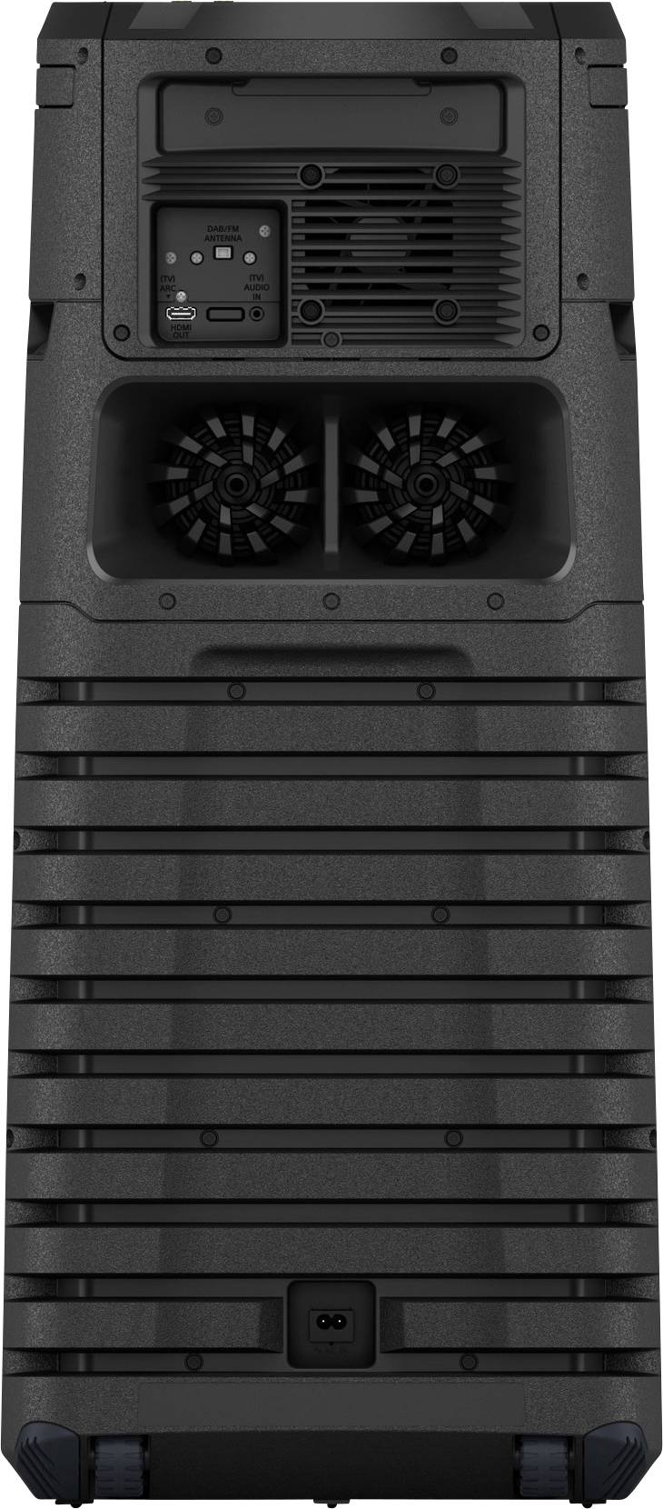 Schwarze Rückseite eines geladenen elektronischen Geräts mit Lüftern und Anschlüssen, darunter USB-Anschlüsse und ein Netzschalter.