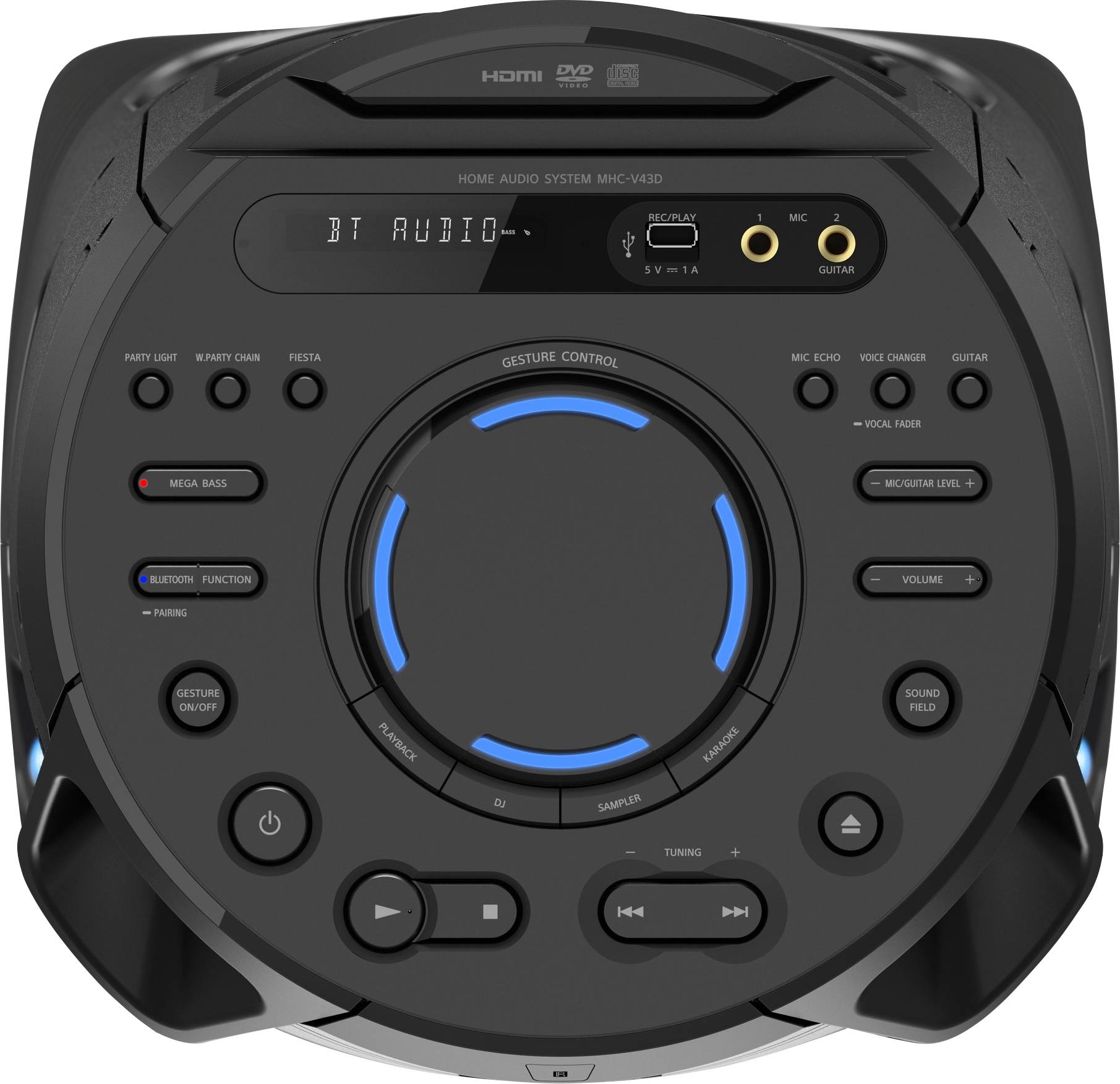 Oberseite eines schwarzen Heim-Audiosystems mit beleuchteten Bedienelementen. Zeigt Modi, Lautstärke- und Wiedergabesteuerungen.