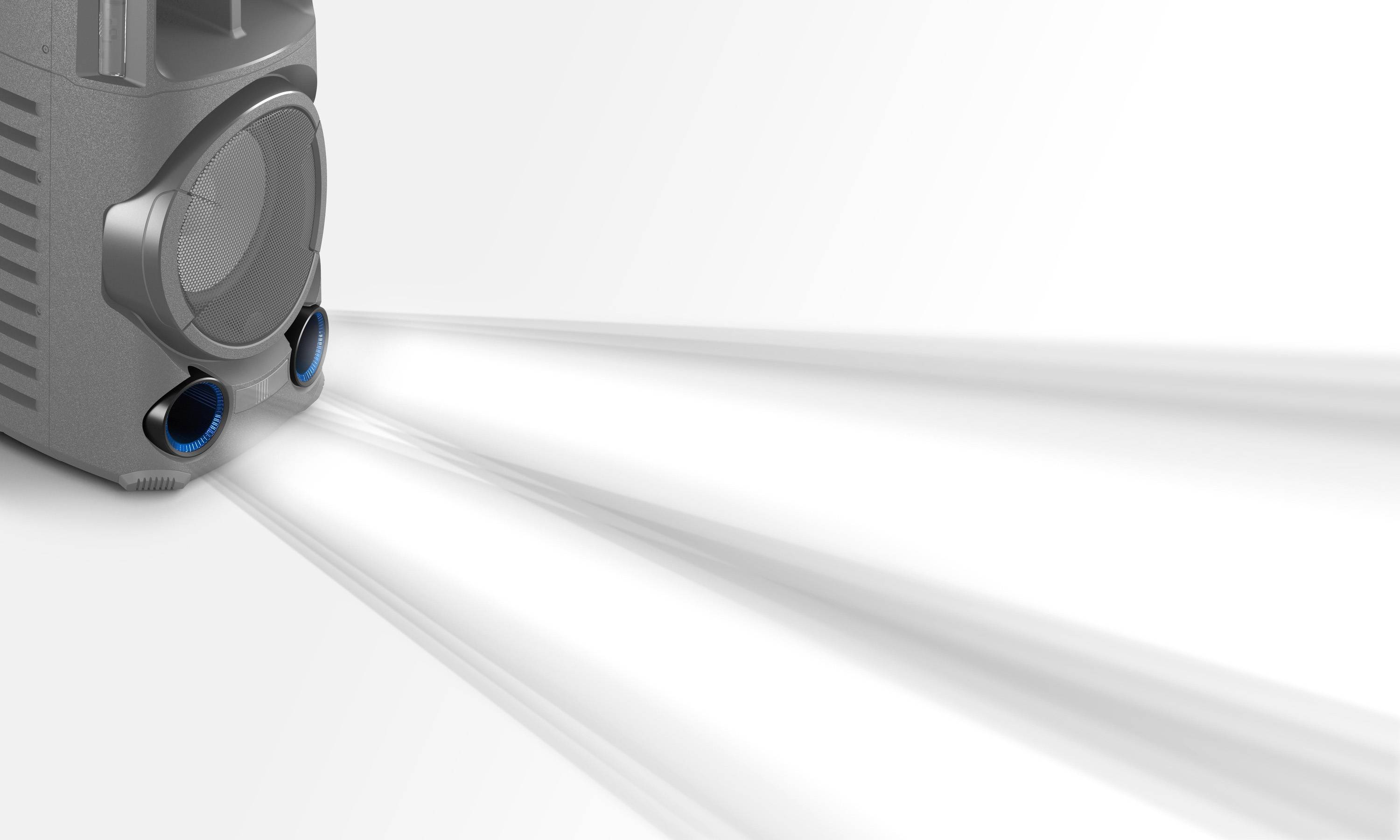 Ein Gerät projiziert mehrere Lichtstrahlen nach vorne gegen einen hellen Hintergrund, zeigt technologische Funktionalität.