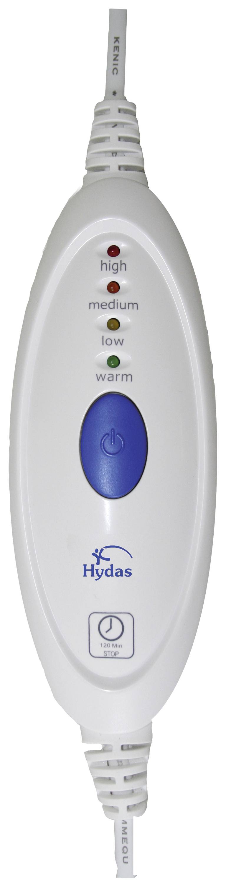 Ein ovaler elektrischer Regler mit den Einstellungen 'high', 'medium', 'low', 'warm'. Drei rote Lichter zeigen die Heizstufen an.