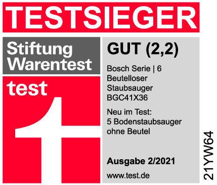 'Testsieger bei Stiftung Warentest: Bosch Serie | 6 Beutelloser Staubsauger BGC41X36, Note Gut (2,2), Ausgabe 2/2021.'