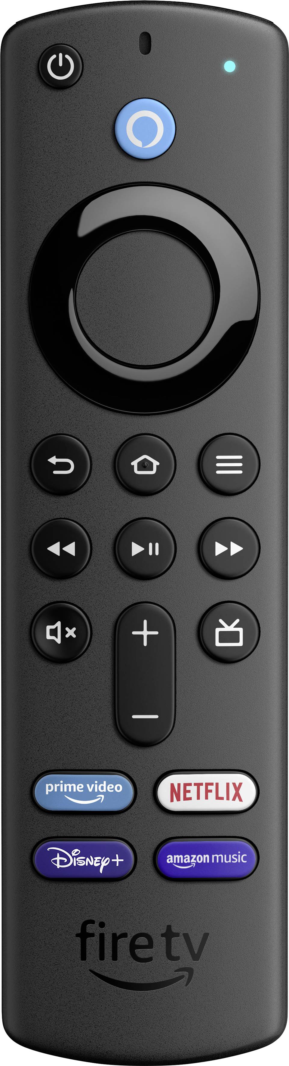 Schwarze Fernbedienung mit Lautstärketasten, Navigationsring und speziellen Tasten für Prime Video, Netflix, Disney+ und Amazon Music.
