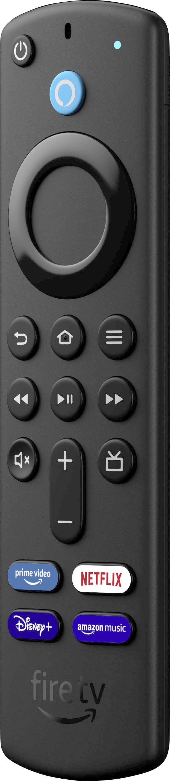 Schwarze TV-Fernbedienung mit Tasten für Lautstärke, Wiedergabe und spezielle Streaming-Dienste: Prime Video, Netflix, Disney+, Amazon Music.