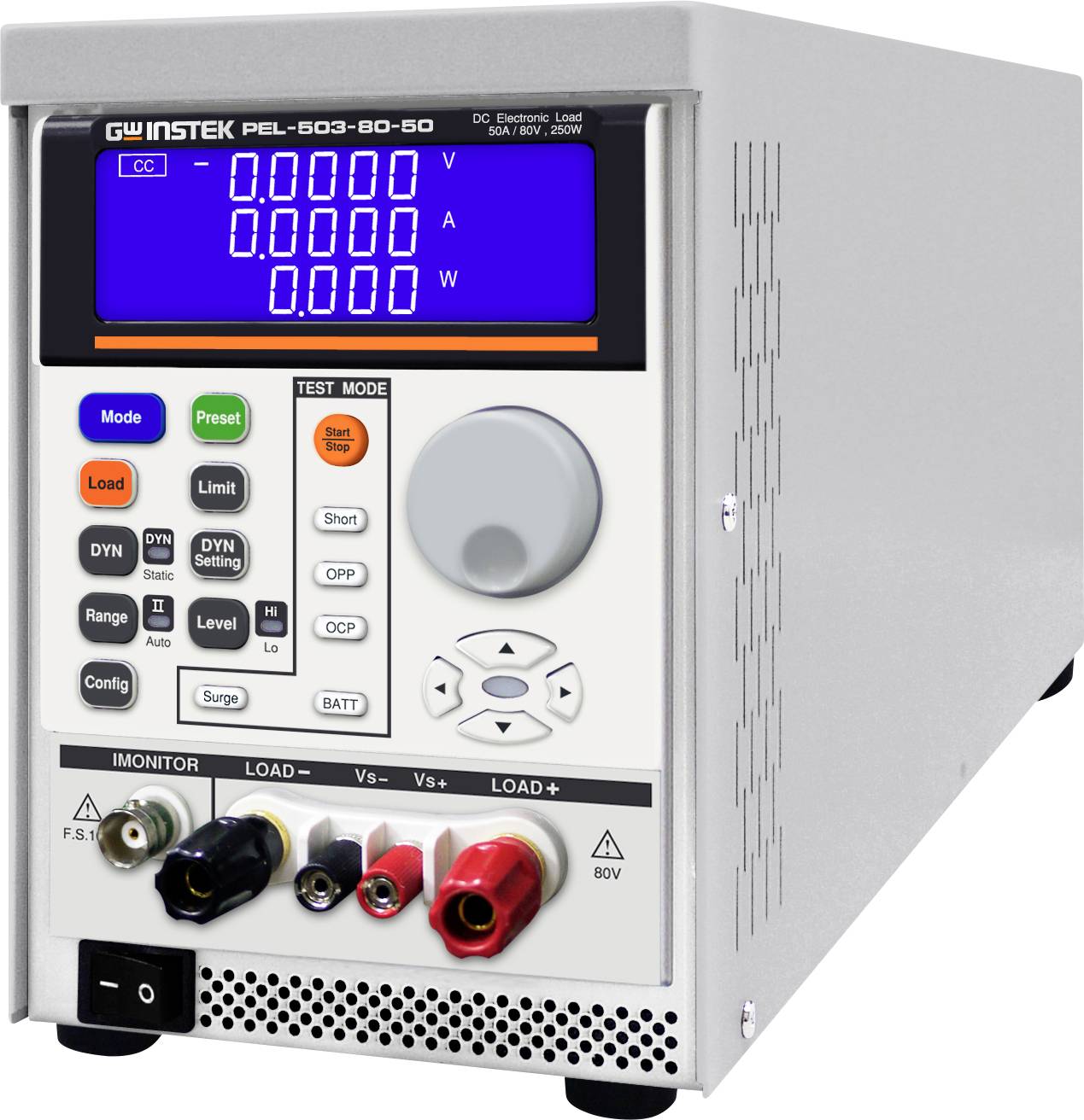 Ein DC Elektronischer Lasttester mit einem blauen digitalen Display, Drehknopf, Tasten und Anschlüssen zur Spannungs- und Strommessung.