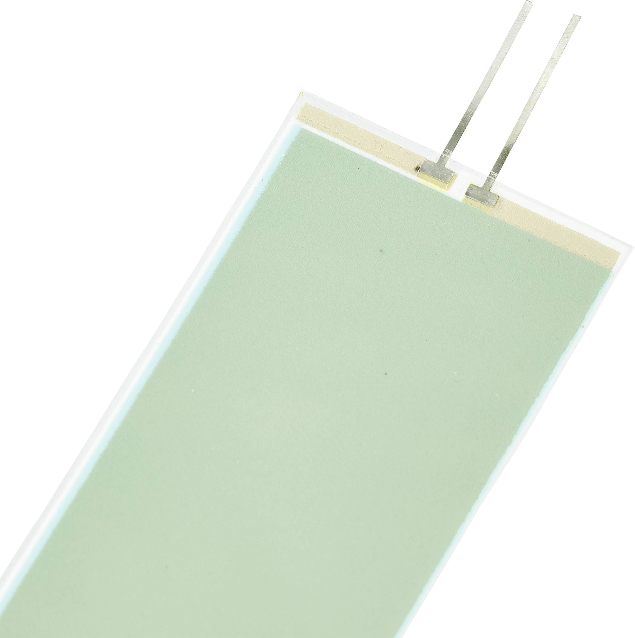 Ein rechteckiger Piezoelement-Sensor mit zwei Metallkontakten an der Oberseite auf weißem Hintergrund.