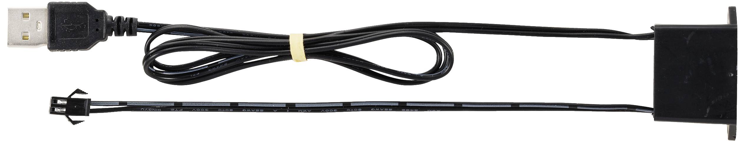 Ein USB-Kabel mit einem rechteckigen Adapter auf der einen Seite und einem USB-Stecker auf der anderen Seite, verbunden mit einem kleinen Sensor.