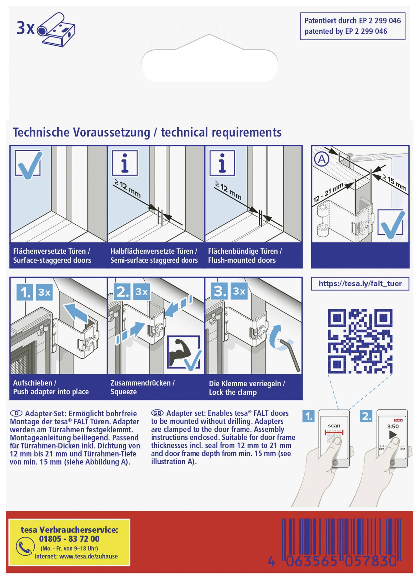 'Anleitung für das Befestigen von Haken: Diagramme zeigen Schritte der Installation für gestaffelte und bündige Türen mittels Adapter.'