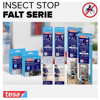 Werbeanzeige für die 'Insect Stop Falt Serie' von tesa mit mehreren Produktverpackungen für Insektenschutz an Falt- und Türrahmen; oben ein durchgestrichenes Insektensymbol.