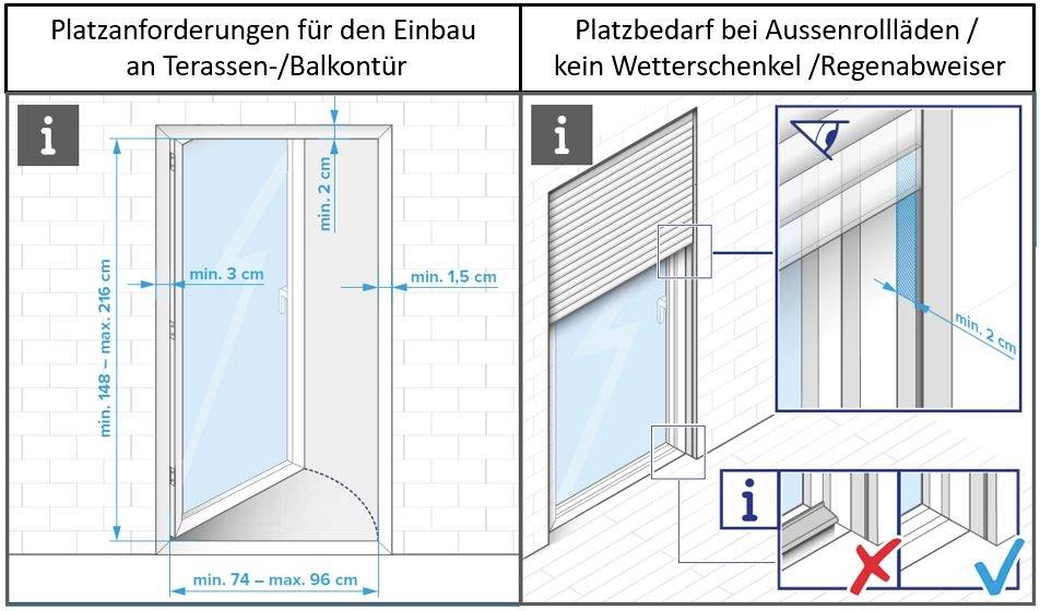 'Diagramm, das Platzanforderungen für Türinstallation und Rollläden zeigt, mit Mindestabständen und klaren Anweisungen für passende Bedingungen.'