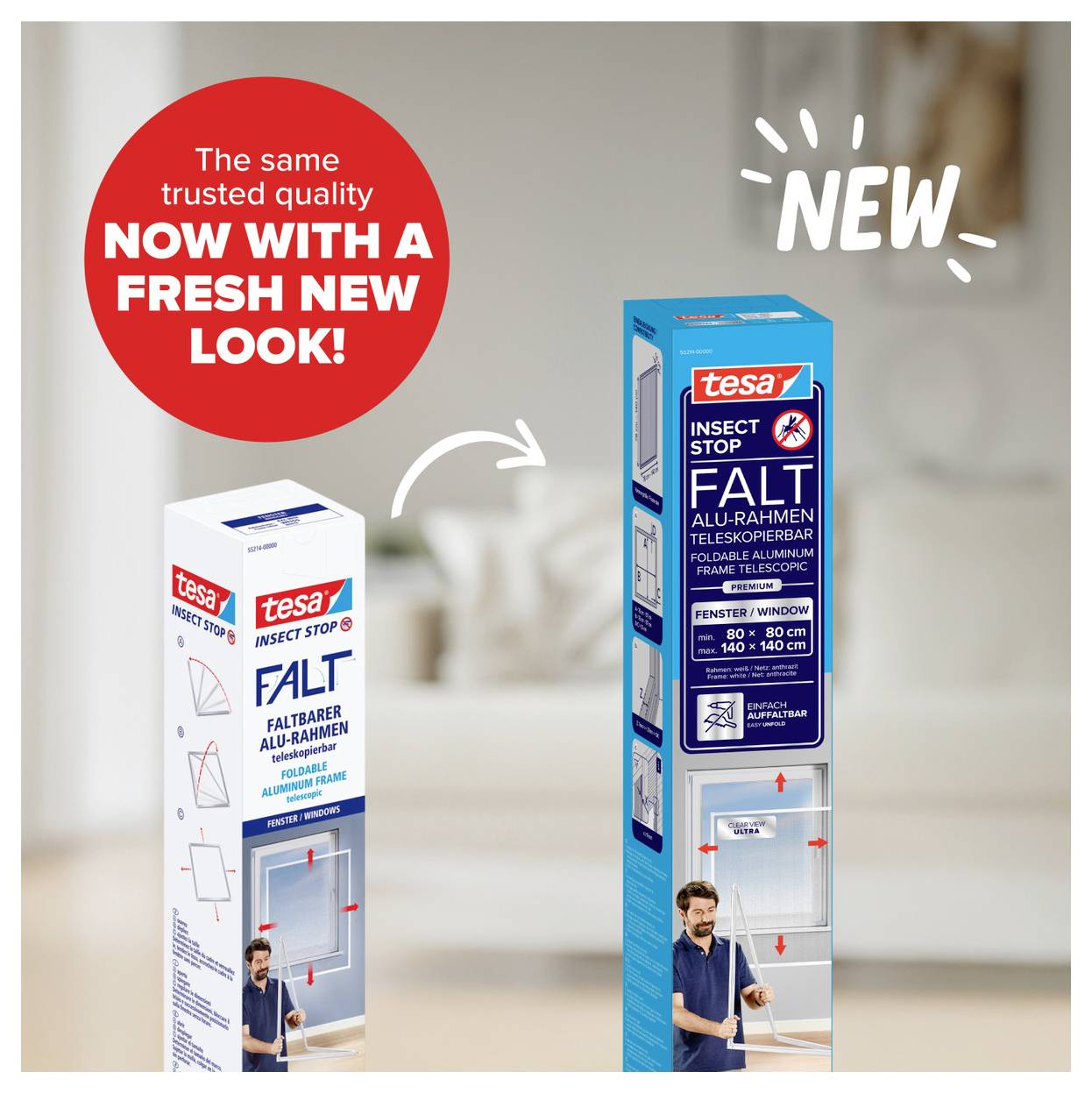 Werbung für tesa Insect Stop FALT: links alte Verpackung, rechts neues Design mit 'NEW' und Hinweis 'Same trusted quality, now with a fresh new look!'<br>
