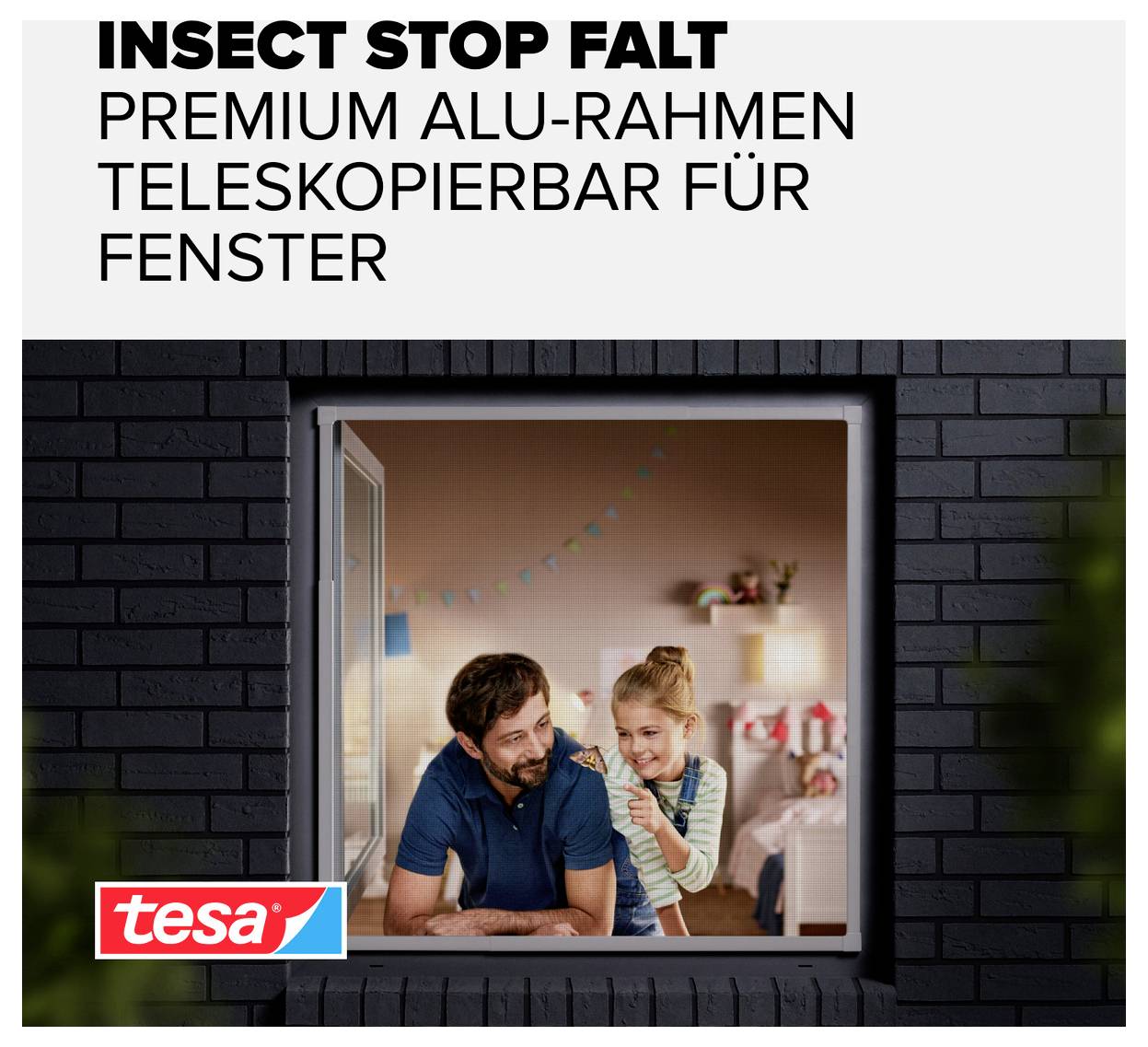 Werbebild für 'Insect Stop Falt': teleskopierbarer Premium-Alurahmen am Fenster, im Inneren ein Vater mit Kind; tesa-Logo unten links.