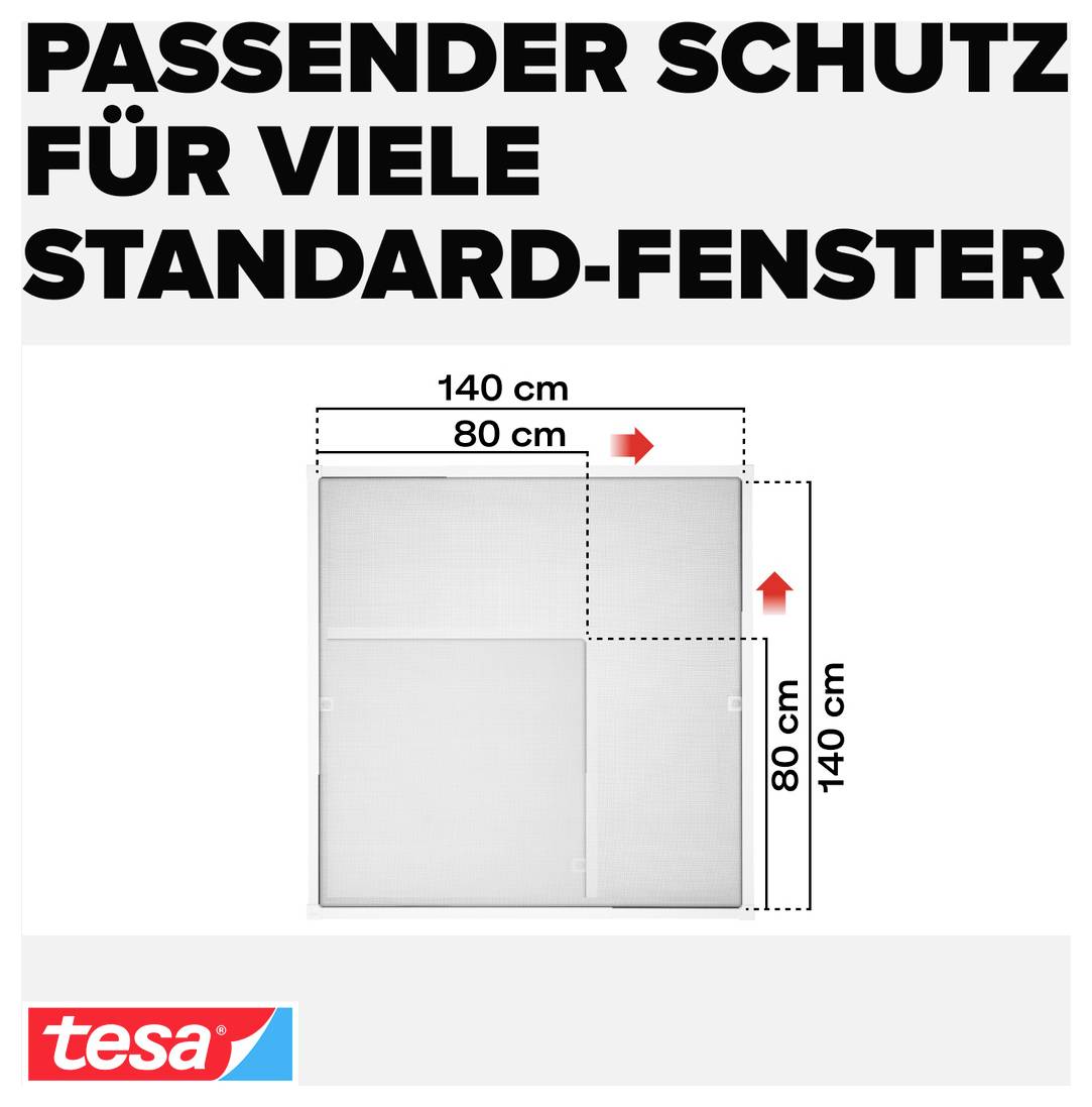 Werbegrafik: 'PASSENDER SCHUTZ FÜR VIELE STANDARD-FENSTER'; zeigt ein tesa-Produkt mit Maßangaben 140 cm und 80 cm für die passende Fensterabdeckung.<br>