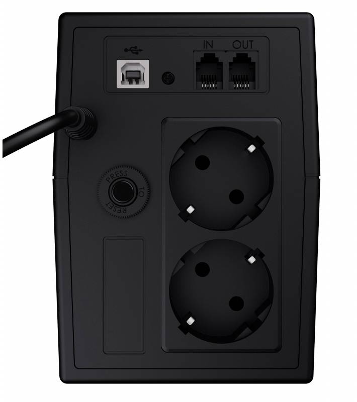 'Schwarze Steckdose mit zwei runden Steckplätzen, einem USB-Anschluss, zwei Ethernet-Ports (IN und OUT) und einem Reset-Knopf.'