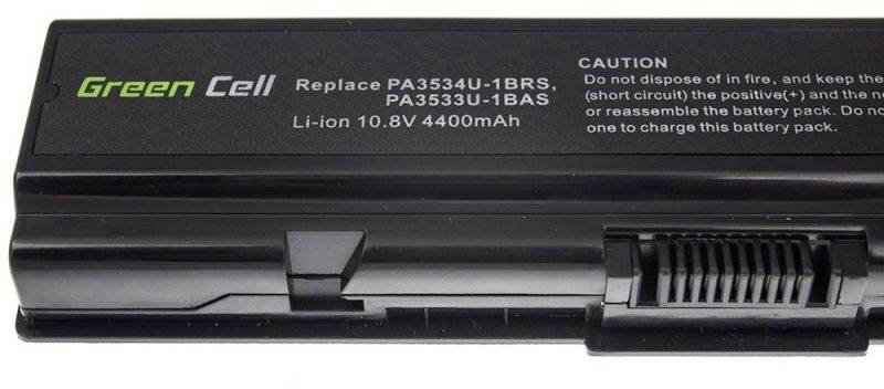 'Green Cell' Laptop-Batterie, Modell PA3534U-1BRS, Li-Ion 10,8V 4400mAh. Warnung: Batterie nicht ins Feuer werfen oder zerlegen.