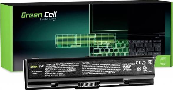 Laptop-Akku mit Verpackung. Aufschrift 'Green Cell Fresh Energy'. Verpackung zeigt grünen Energiesymbol-Laptop.
