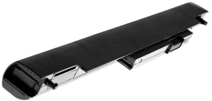 Schwarzer Notebook-Akku aus Kunststoff und Metall, rechteckige Form, mit Anschlüssen an den Enden.