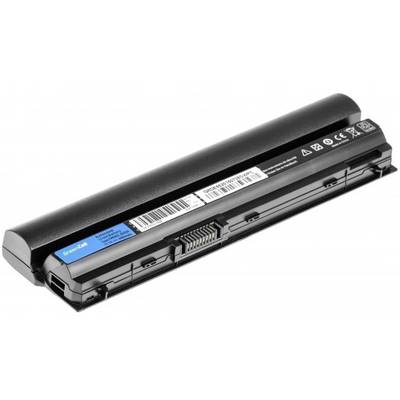 Schwarzer Laptop-Akku mit Produktetikett, rechteckige Form, mehrere Anschlusskontakte, Stecker an beiden Enden.