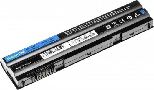 Laptop-Akku von Green Cell mit Barcode und Herstellerhinweisen auf der Oberfläche. Schwarzes Gehäuse, rechteckig geformt.