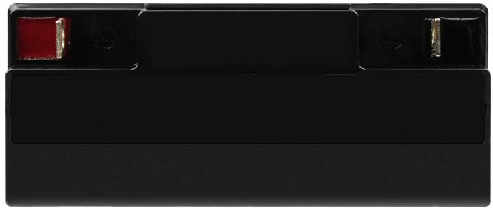 Ein rechteckiger schwarzer Batterieblock mit roten und schwarzen Anschlussklemmen an der Oberseite.