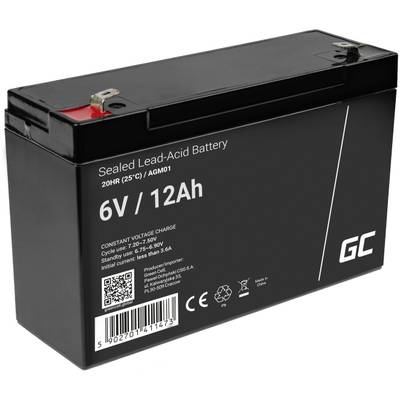 Schwarze, versiegelte Blei-Säure-Batterie, 6V, 12Ah, mit Spezifikationen und Symbolen auf der Vorderseite.
