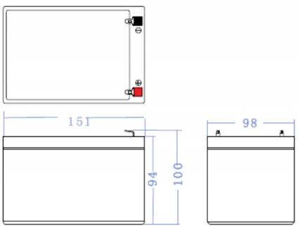Technische Zeichnung einer Batterie mit Maßen: Breite 151 mm, Höhe 100 mm, Tiefe 98 mm. Zeigt Anschlüsse für Plus/Minus.