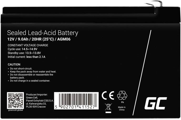 'Sealed Lead-Acid Battery' Etikett. 12V, 9.0Ah. Warnhinweise: Kurzschluss vermeiden, Batteriepack vor Hitze schützen, nicht zerlegen, nicht im geschlossenen Behälter laden.