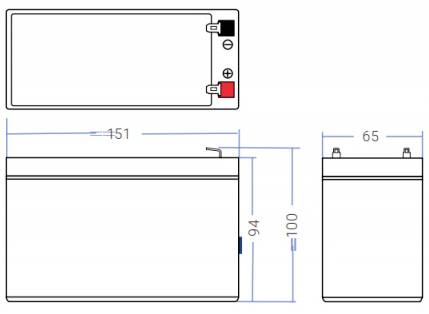Technische Zeichnung einer Batterie mit Abmessungen: 151 mm Länge, 65 mm Breite, 94 mm Höhe bis zum Gehäuse, 100 mm insgesamt.