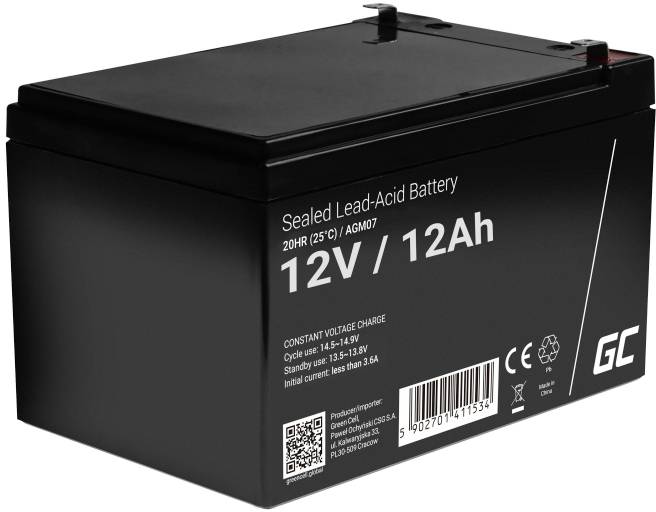 Schwarze, versiegelte Blei-Säure-Batterie mit Aufdruck '12V / 12Ah'. Geeignet für konstante Spannungsladung.