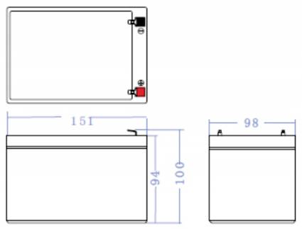 Diagramm einer Batterie mit Abmessungen: Länge 151 mm, Breite 98 mm, Höhe 100 mm. Oben rechts Plus- und Minuspol markiert.