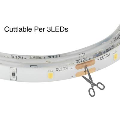 Zwei LED-Lichtbänder mit Aufschrift 'Cuttlable Per 3 LEDs'. Eine Schere zeigt auf die markierte Schnittstelle zwischen den LEDs.
